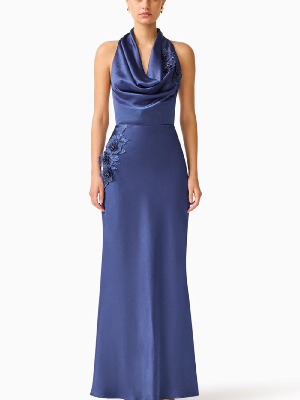 ELLIATT Florea Cowl Neck Navy Blue Gown Maxi Dress Satin Drape Floral - SMALL